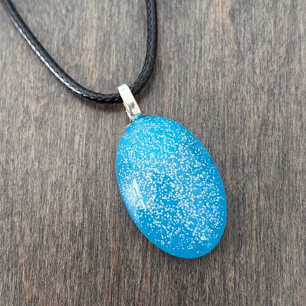 Handmade Necklace Pendant Charm, Jewellery, Black Cord, Blue Sparkle Oval